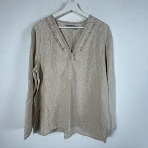 Chico's Womens Beige Linen Long-Sleeve Crochet Trim V-Neck Tunic Blouse Size 2